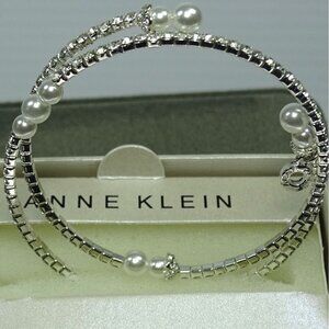 Anne Klein Silver-Tone & Simulated Pearl Coil Bracelet With Rhinestone Accents
